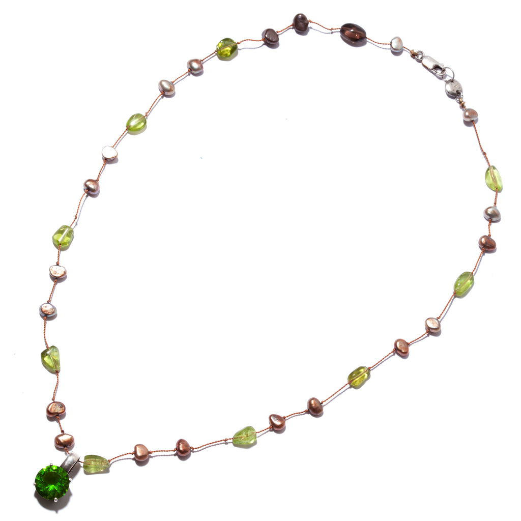 Gorgeous Floating Amber and Pearl Delicate Necklace with Vibrant Green Stone