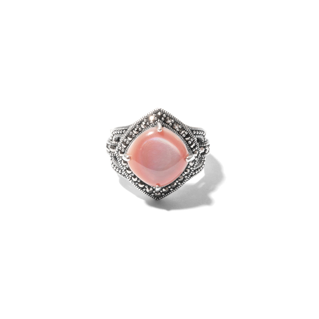 Vibrant Pink Mother of Pearl Marcasite Sterling Silver Ring