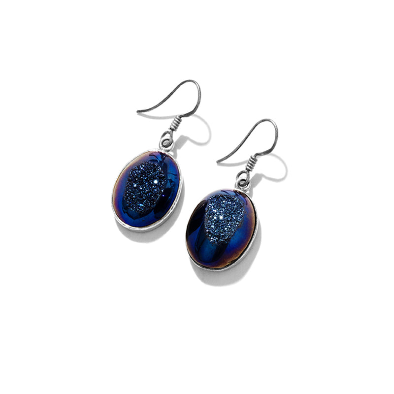 Dramatic Mid-Night Blue Titanium Drusy Sterling Silver Statement Earrings