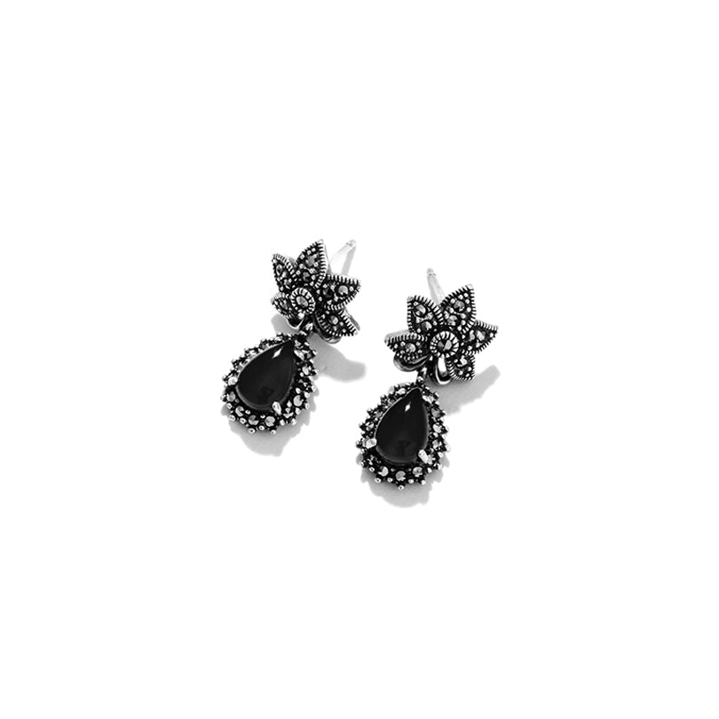 Exquisite Black Onyx Marcasite Flower Sterling Silver Earrings