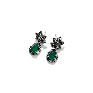 Exquisite Green Agate Marcasite Flower Sterling Silver Statement Earrings