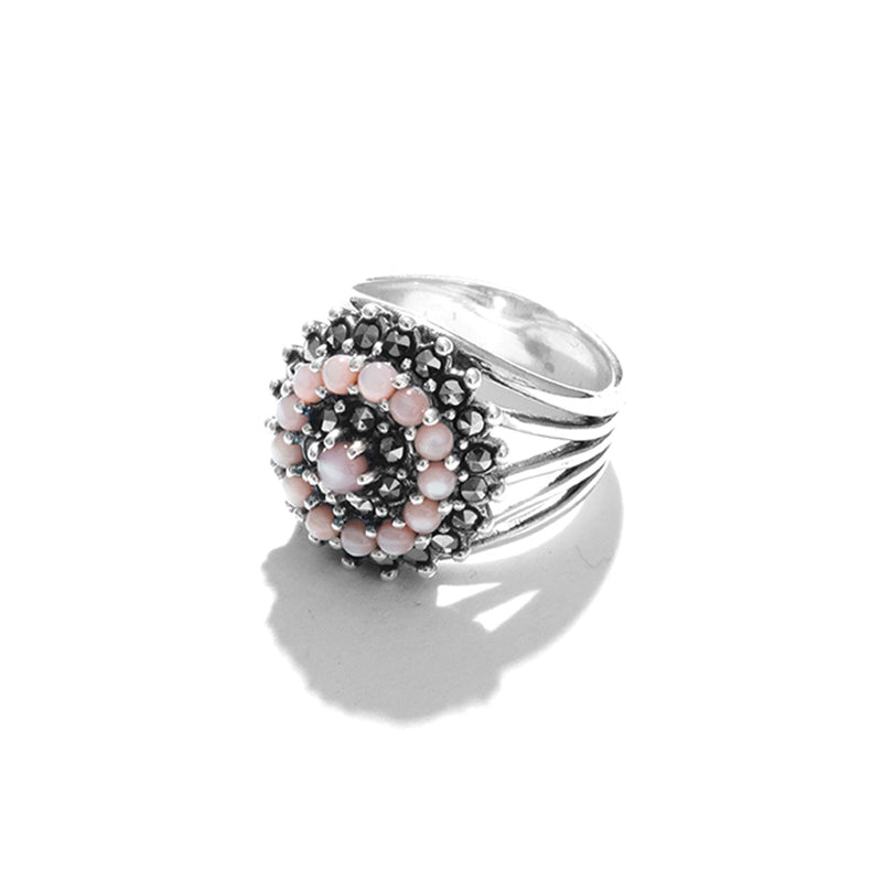 Gorgeous Pink Mother of Pearl Marcasite Sterling Silver Statement Ring