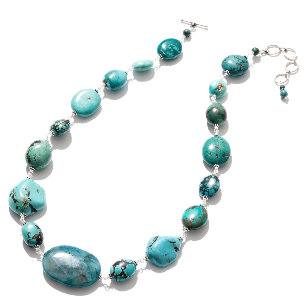 Unique Collection of Turquoise Stones Sterling Silver Statement Necklace