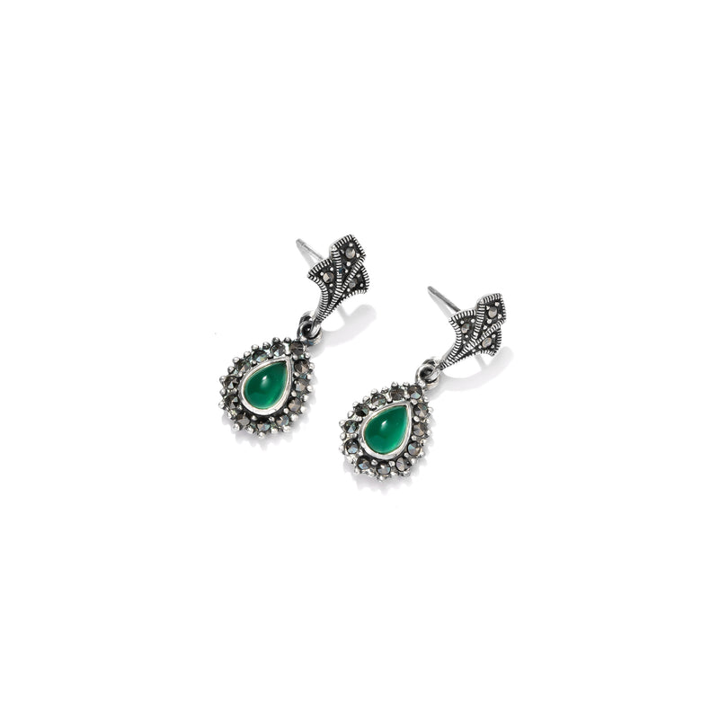 Beautiful Green Agate and Marcasite Sterling Silver Earrings
