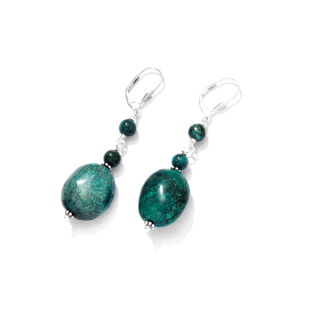 Genuine Turquoise Chunky Stone Sterling Silver Statement Earrings