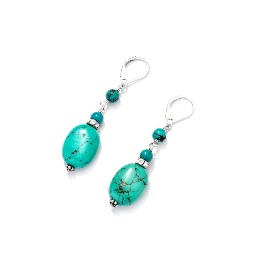 Beautiful Soft Blue Turquoise and Crystal Sterling Silver Earrings
