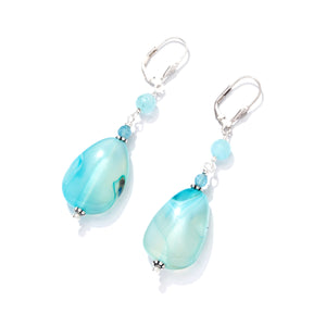 Striped Icy Blue Agate Stone Sterling Silver Statement Earrings