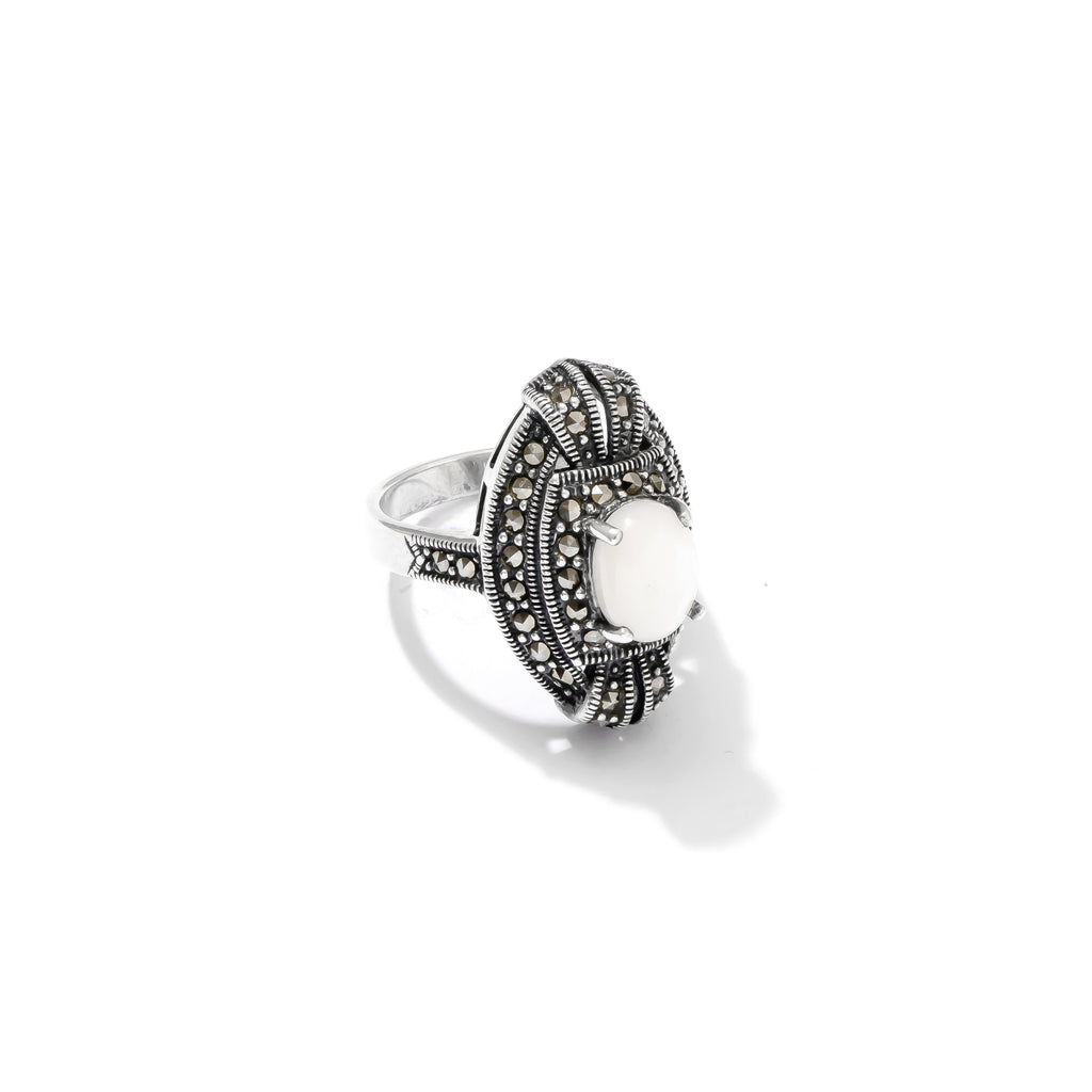 Gorgeous Art Deco Style Mother of Pearl Marcasite Sterling Silver Statement Ring
