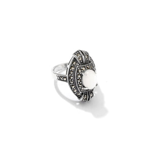 Gorgeous Art Deco Style Mother of Pearl Marcasite Sterling Silver Statement Ring