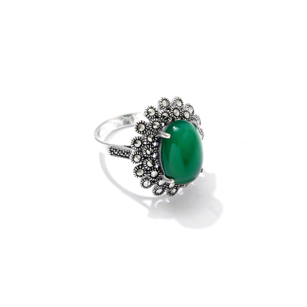 Gorgeous Green Agate marcasite Sterling Silver Statement Ring