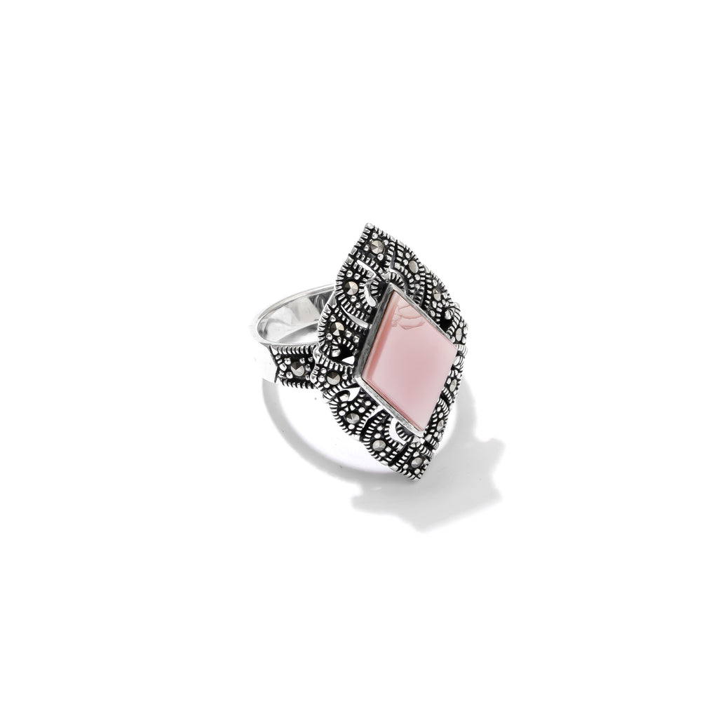 Stunning Pink Mother of Pearl Sterling Silver Marcasite Statement Ring