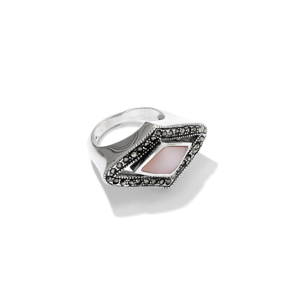 Beautiful Pink Mother of Pearl marcasite sterling Silver Statement Ring