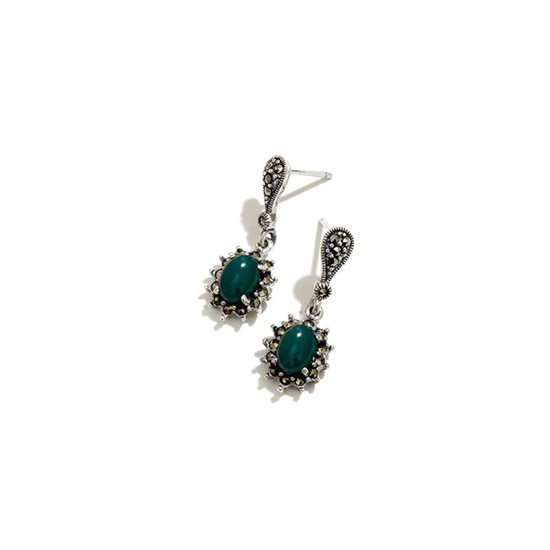 Green Agate Starburst Marcasite Sterling Silver Earrings