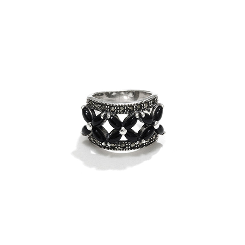 Gorgeous Black Onyx and marcasite Sterling Silver Statement Ring