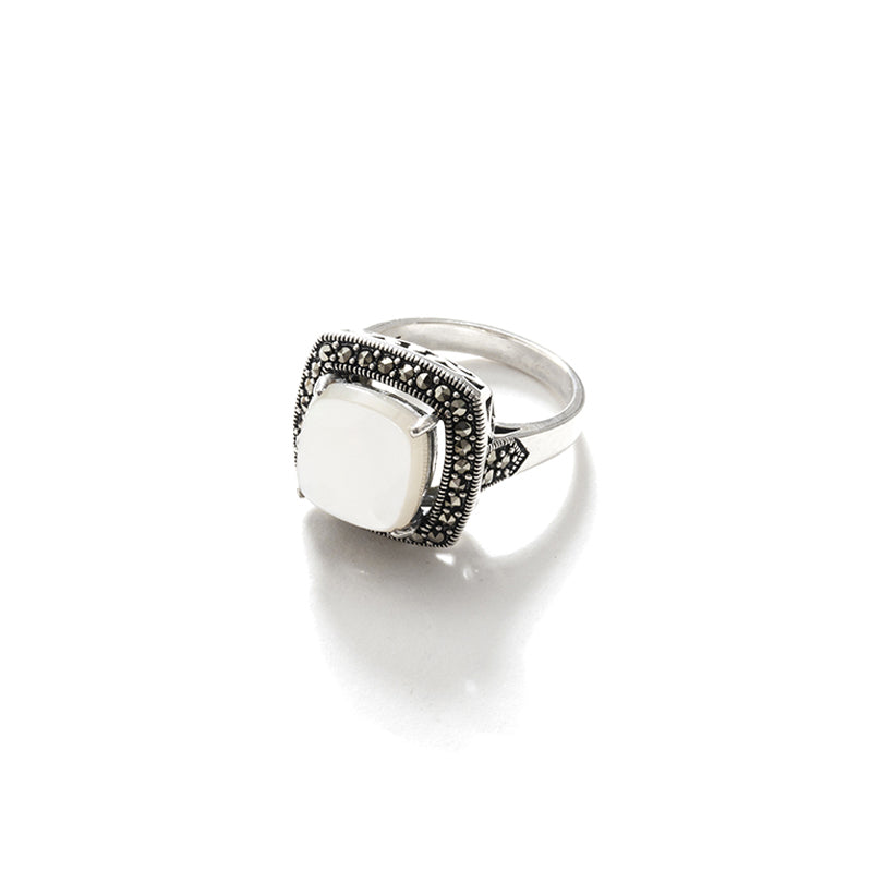 Exquisite Shimmering White Mother of Pearl with Marcasite Sterling Silver Ring