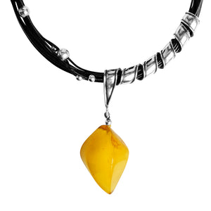 Stunning Baltic Amber on Leather and Sterling Silver Statement Necklace