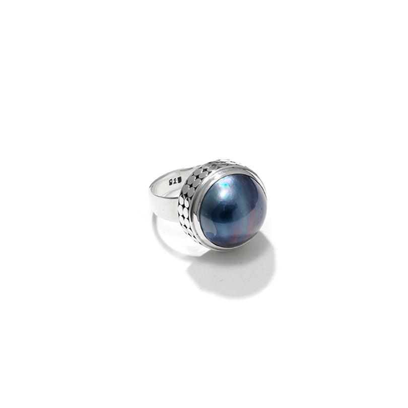 Balinese Shimmering Black Mabe Pearl Sterling Silver Statement Ring
