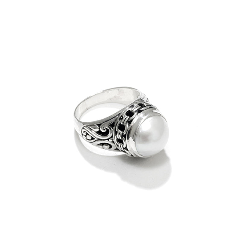 Gorgeous White Mabe Pearl Balinese Sterling Silver Statement Ring