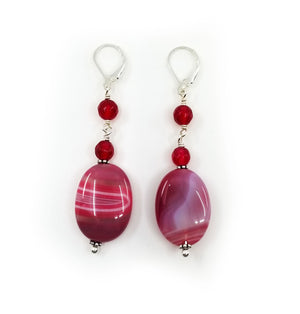 Gorgeous Pink Stripped Banded Agate Sterling Silver Statement Earrings