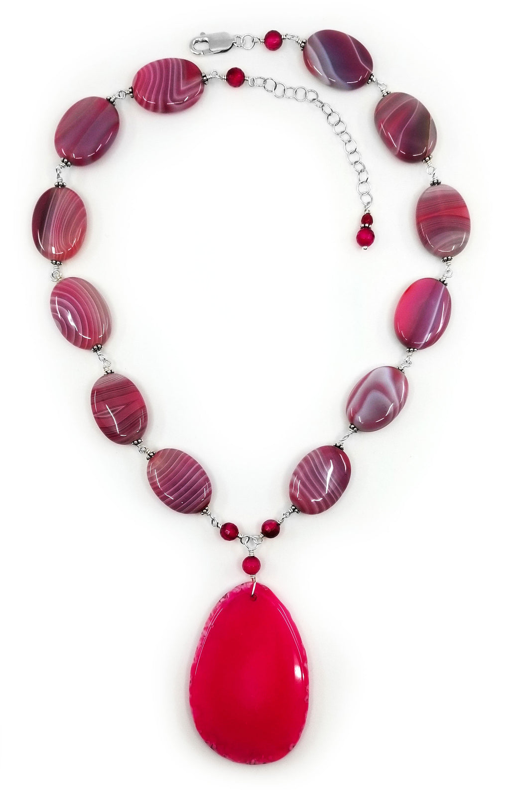 Gorgeous Red Hot Pink Stripped Banded Agate Sterling Silver Statement Necklace
