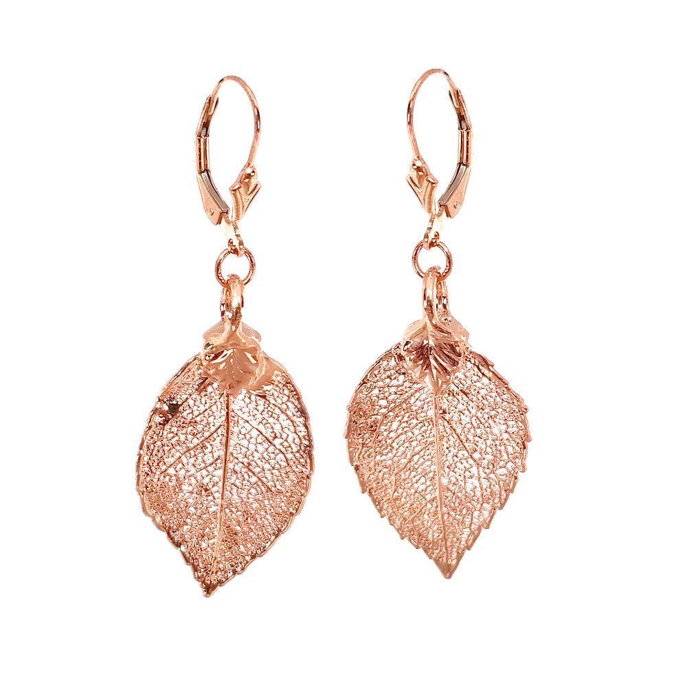 Soft Sparkling 24kt Rose Gold Saturated Real Leaf Earrings on Gold Filled Hooks