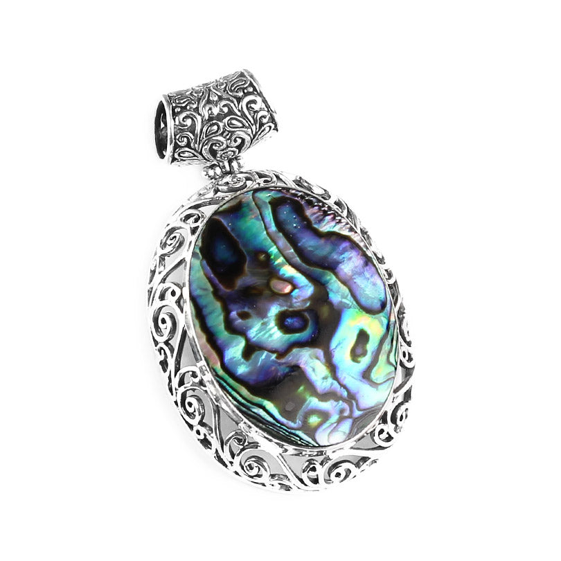 Beautiful Abalone Stone in Ancient Balinese Design Sterling Silver Statement Pendant