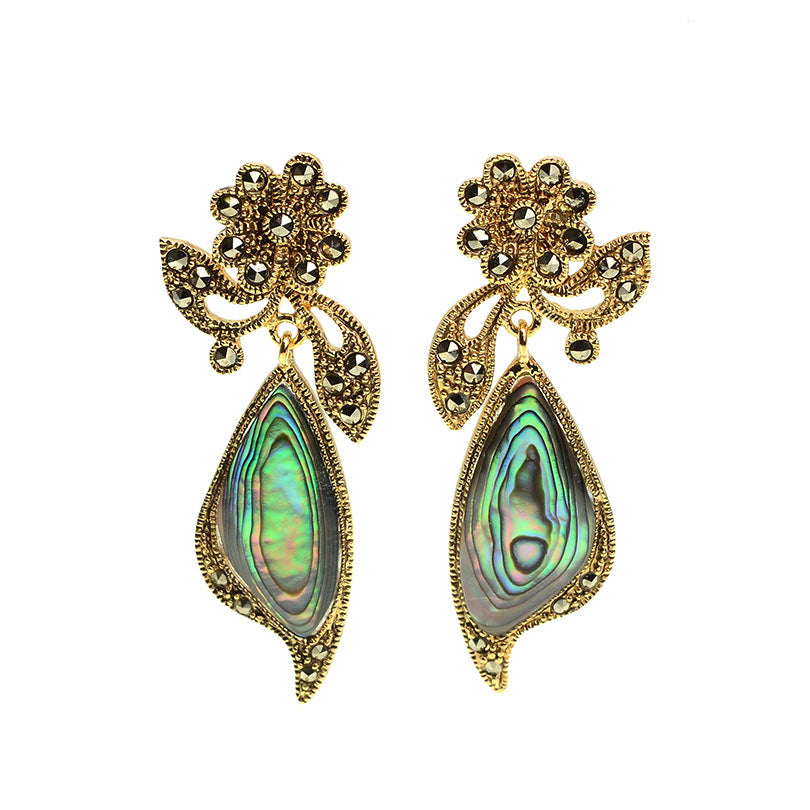 Gorgeous Abalone Gold Plated Marcasite Flower Statement Earrings