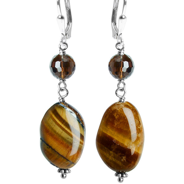 Shimmering Smooth Tiger Eye and Sparkling Smoky Quartz Sterling Silver Statement Earrings