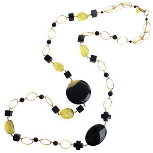 Dramatic Black Onyx and Sparkling Lemon Quartz Gold Filled Long Necklace 42"