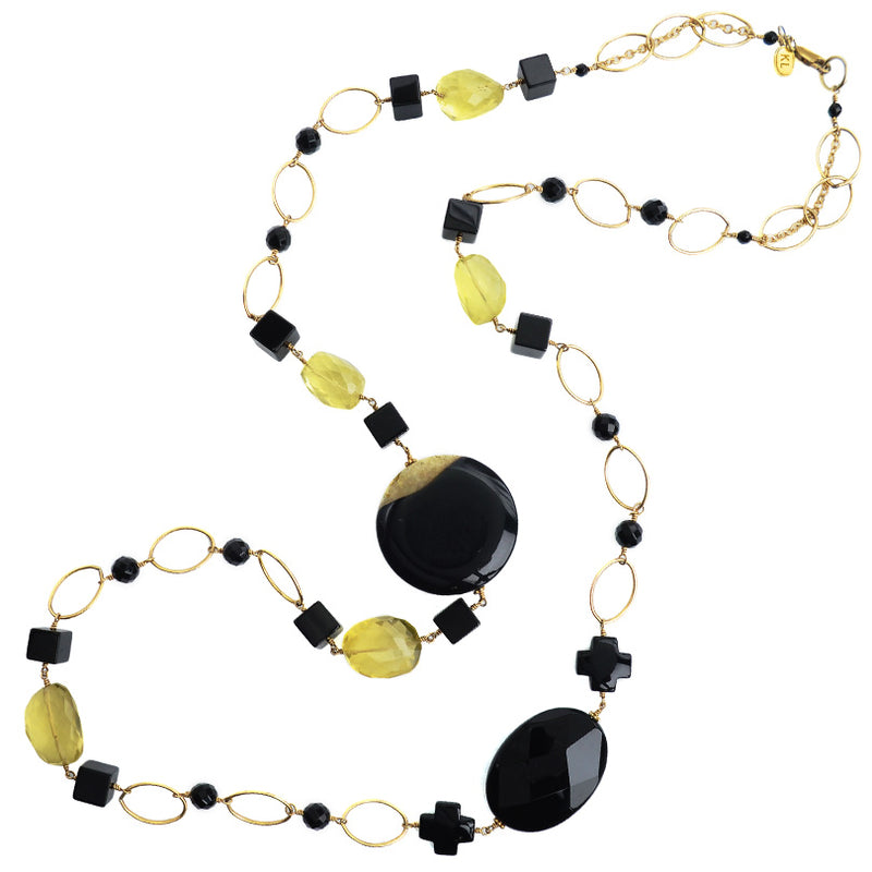 Dramatic Black Onyx and Sparkling Lemon Quartz Gold Filled Long Necklace 42