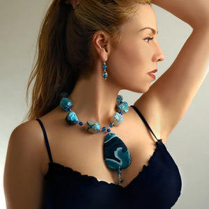 Gorgeous Dark River Blue Agate Sterling Silver Statement Necklace