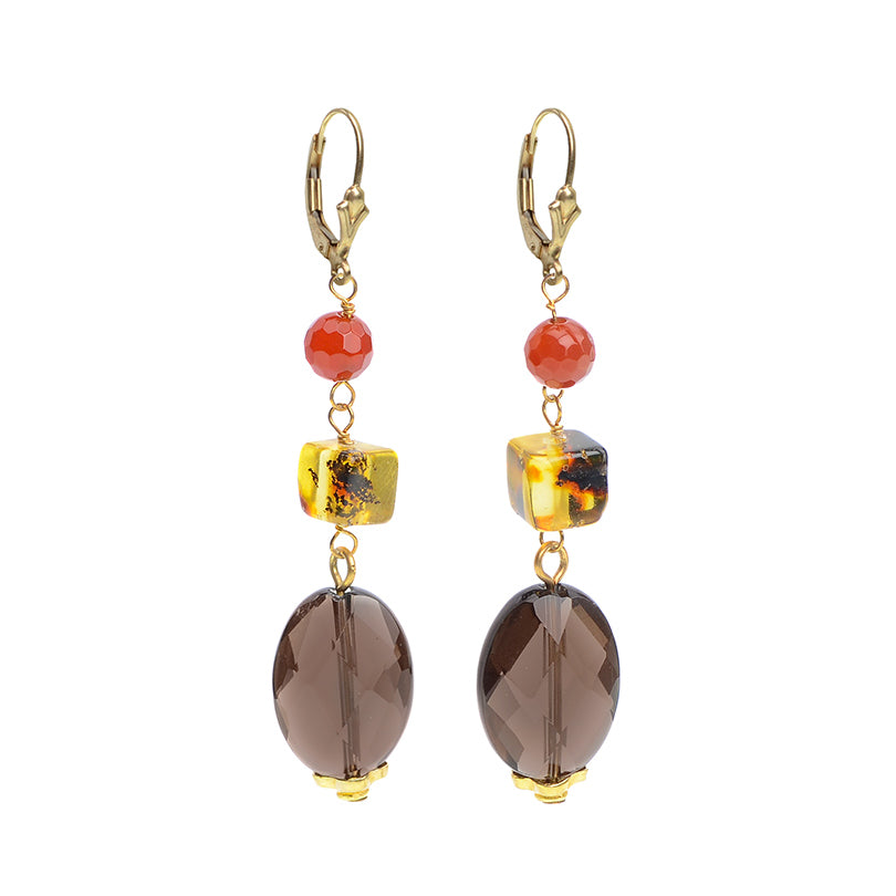 Sparkling Faceted Smoky Quartz, Baltic Amber and Carnelian Earrings on Gold Filled Hooks