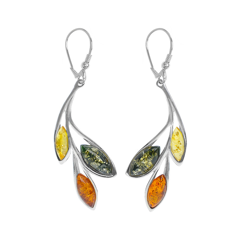 Gorgeous Leaf Style Mixed Baltic Amber Sterling Silver Earrings