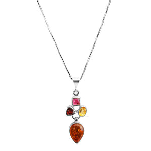 Gorgeous Cognac Baltic Amber, Garnet and Citrine Sterling Silver Necklace