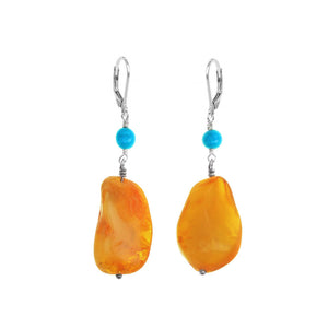 Rich, Golden Brown Butterscotch Baltic Amber with Sleeping Beauty Geniune Turquoise Earrings