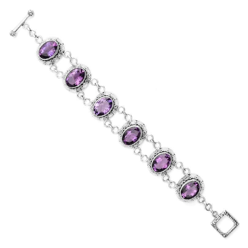 Stunning Amethyst Stones Surrounded by Inlaid Silver Design Statement Bracelet