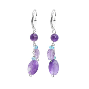 Soft Translucent Amethyst & Blue Apatite Accent Stones Sterling Silver Lever-Back Hook Earrings