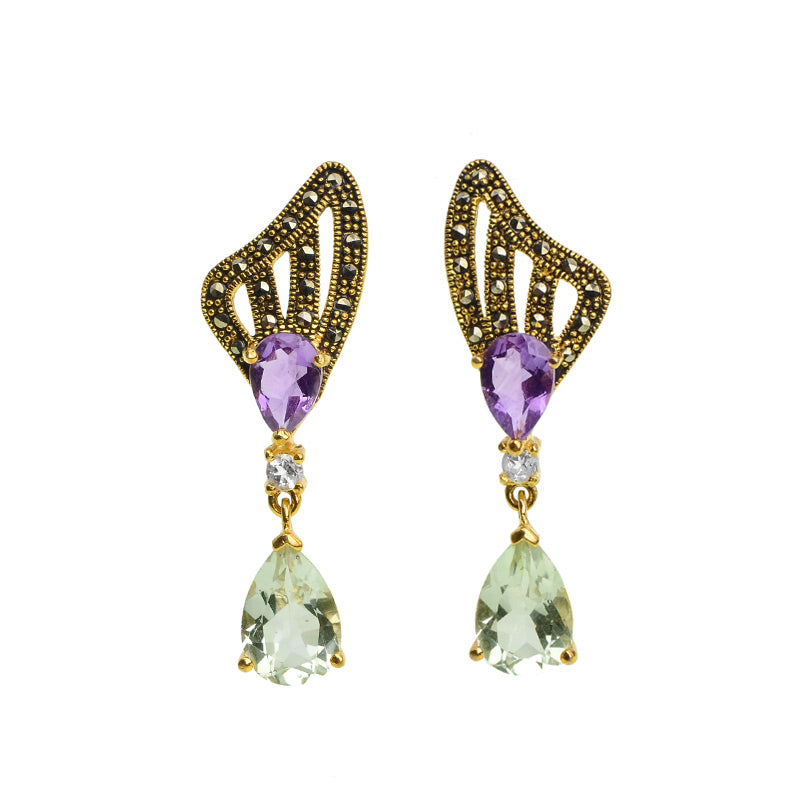 Elegant, Sparkling Purple & Green Amethyst Gold Plated Statement Earrings