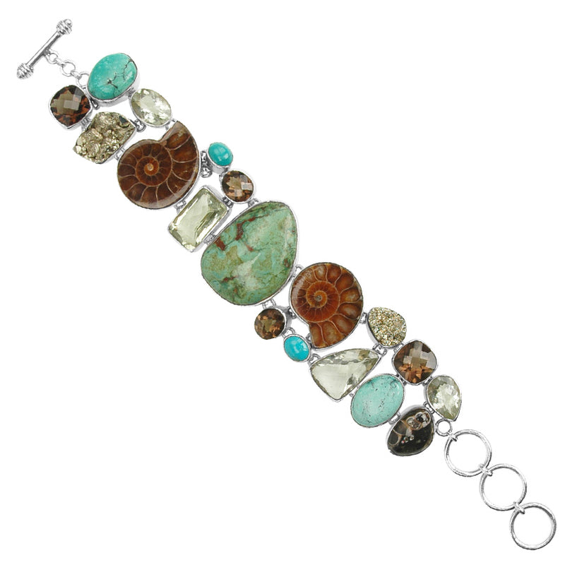 Masterpiece Ammonite & Turquoise Mixed Gemstones Sterling Silver Statement Bracelet