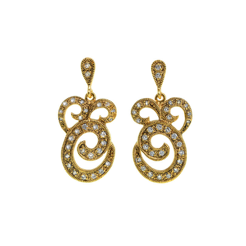 Vintage Style 14kt Gold Plated Antique Finish Elegant Swirl Marcasite Statement Earrings