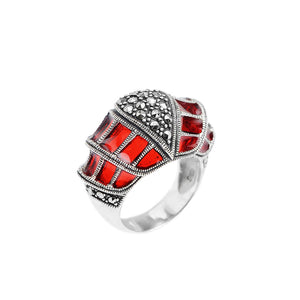 Stunning Regal Red Sterling Silver Marcasite Ring
