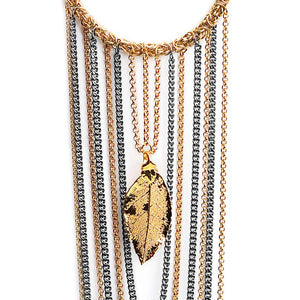 Saturated 24kt Real Leaf Necklace with Black and Gold Plated Chains Necklace