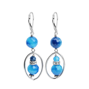 Translucent Blue Agate with Sparkly Crystal Band Sterling Silver Lever-Back Earrings