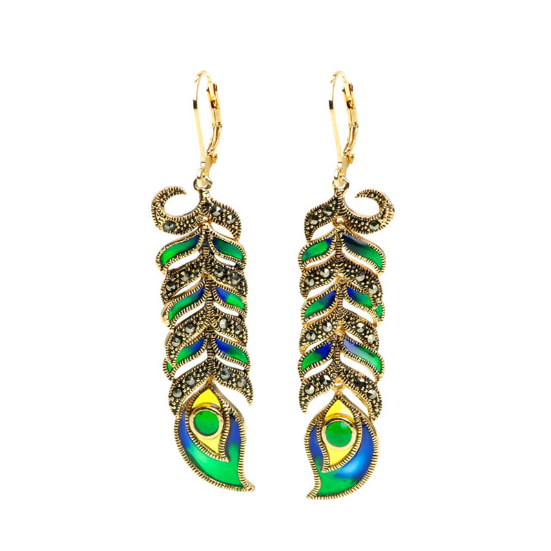 Gorgeous Peacock Feather Marcasite Enamel 14kt Gold Plated Statement Earrings