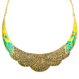 Shimmering 14kt Gold Plated Peacock with Sparkling Marcasite Statement Necklace