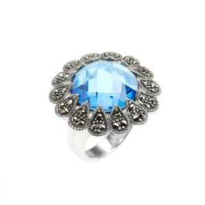 Mystic Blue Cubic Zirconia Sterling Silver Marcasite Cocktail Ring