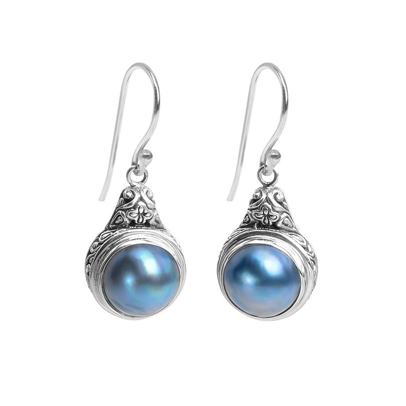 Balinese Blue Black Silvery Mabe Pearl Sterling Silver Earrings