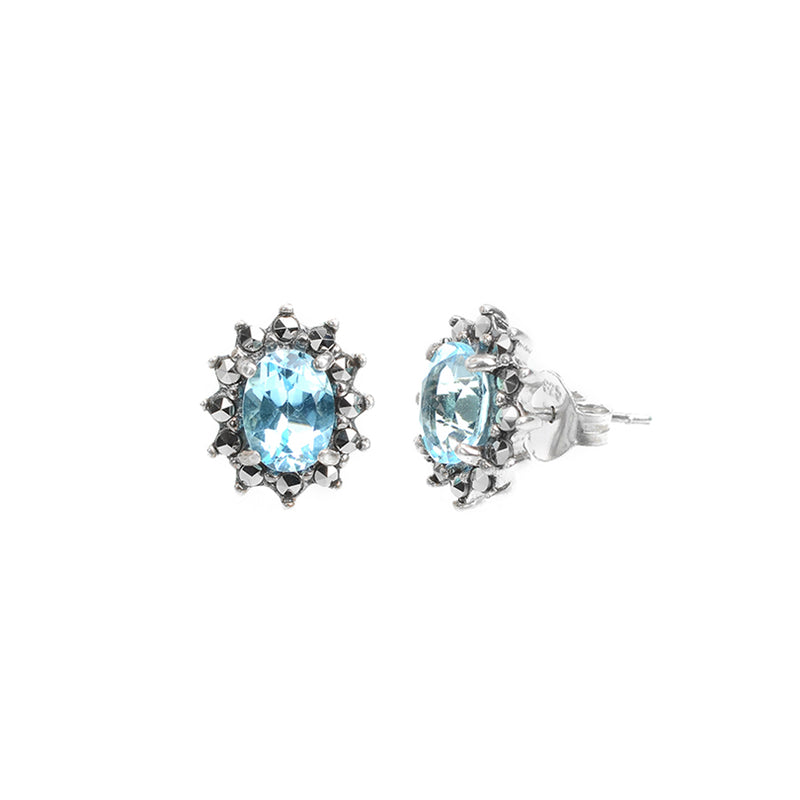 Starburst Blue Topaz and Marcasite Sterling Silver Stud Statement Earrings