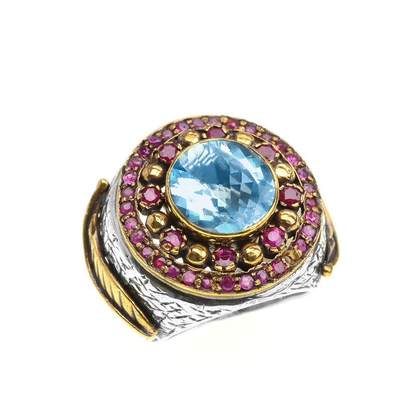 Dramatic Blue Topaz and Ruby Sterling Silver Cocktail Statement Ring