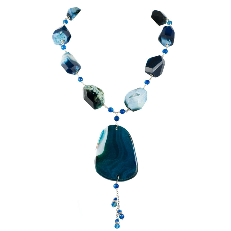 Gorgeous Dark River Blue Agate Sterling Silver Statement Necklace